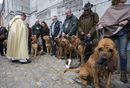 Белгийския свещеник Филип Гус благославя кучета по време на религиозна церемония за животни, пред базиликата Свети Петър и Павел в Сент Хюбърт, Белгия.
