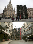 Комбинация от снимки на инсталацията на Манаф Халбуни "Паметник" в Дрезден и снимка от 21 април 2015 г. от Алепо.