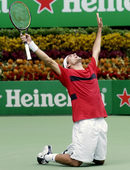 1 февруари 2004 г.<br /><br />Федерер вдига победоносно ръце, след като е победител Марат Сафин и за пръв път в кариерата си е спечелил Аustralian Open.