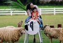 Семейство храни овце във ферма, която приема и туристи, в Тайланд.