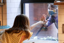 Лидия Хасеброк поздравява приятелката си Роуз през прозореца на кухнята в Бруклин, Ню Йорк.
