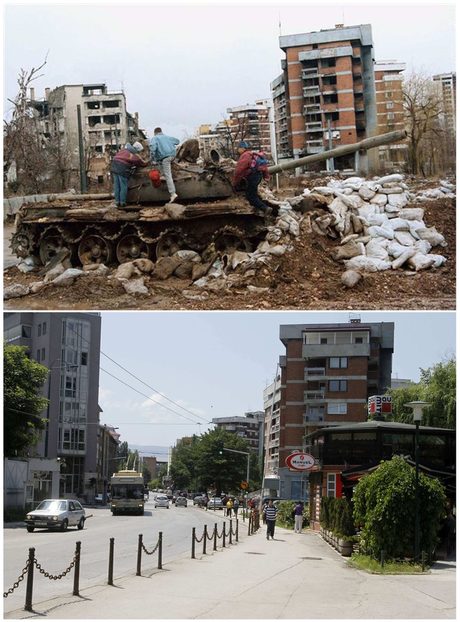 Хора се катерят по изоставен танк в Сараево през февруари 1996 г. На долната снимка се вижда същото място на 30 май 2012 г.