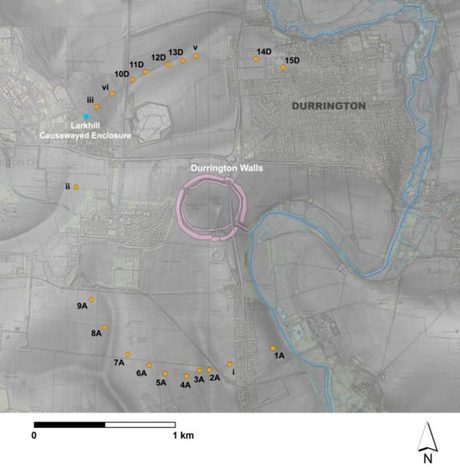 Част от структурата около Дърингтън Уолс - жълтите точки отбелязват местоположението на шахтите.