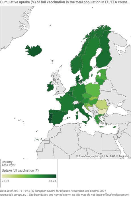 Дял на напълно ваксинираните в ЕС към 19 ноември. В България те са под 24%.
