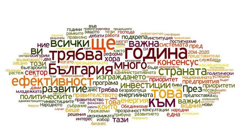 Най-често употребяваните думи в обръщението на президента към парламента днес. Изображението е получено след обработване на <a href="http://www.dnevnik.bg/bulgaria/2012/04/05/1802219_purvoto_obrushtenie_na_prezidenta_plevneliev_kum/" target="_blank">пълния текст на речта </a>с програма за създаване на т.нар. облаци от думи