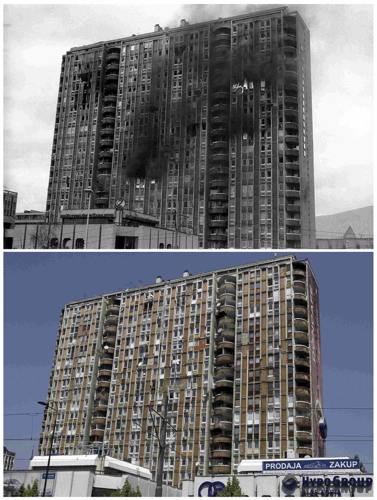 Сграда, подпалена след обстрел в Сараево. На долната снимка се вижда същата постройка през май 2012 г.