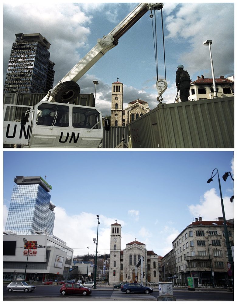 Войник от мироопазващите сили на ООН наблюдава строеж в Сараево. На долната снимка се вижда същото място на 1 април 2012 г.