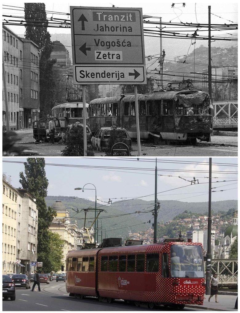 Трамвай в съвременно Сараево. На горната снимка се виждат овъглените останки на трамвай, разрушен през войната.