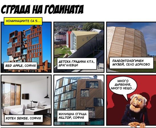 Скрийншот от блога на WhATA с претендентите в категорията "Сграда на годината". Новината за резултатите от конкурса е оформена като комикс.