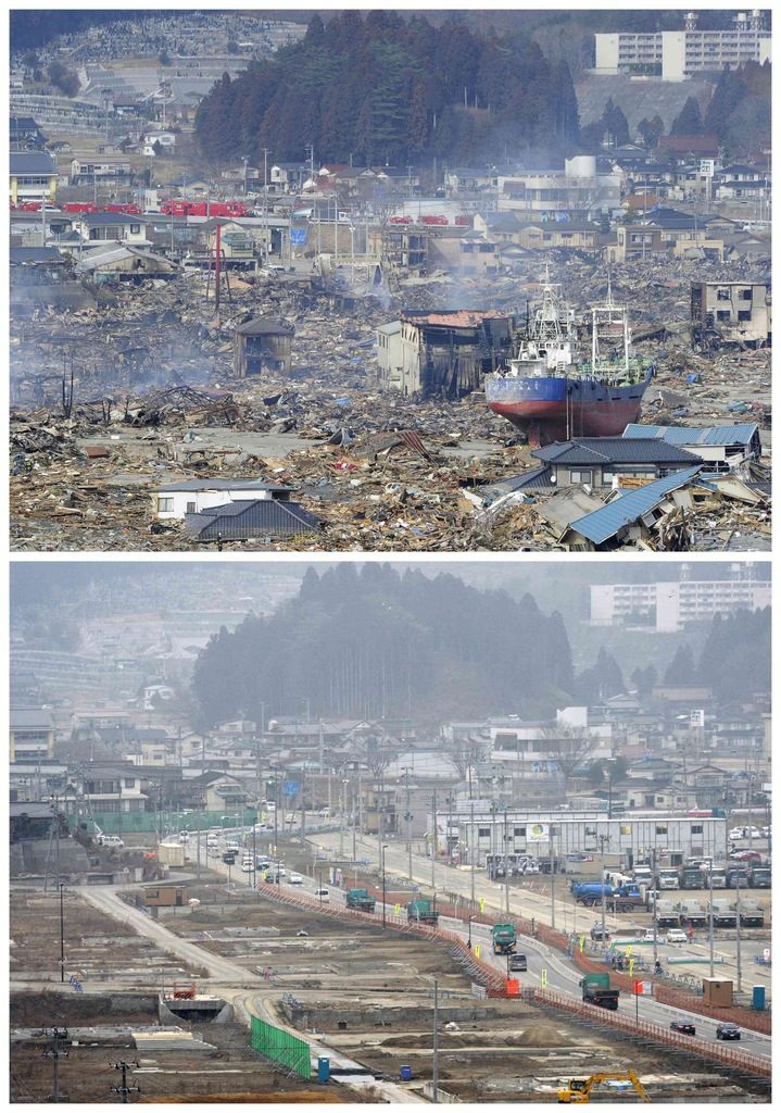 Преди и след - общ изглед от североизточния японски град Кесенума, префектура Мияги, след цунамито (горе) и след мащабни възстановителни дейности през февруари тази година (долу)