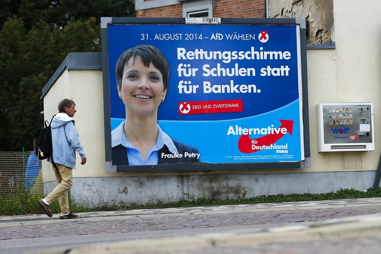 Предизборен плакат на евроскептичната "Алтернатива за Германия" с топкандидатката й Фрауке Петри. Младата партия се очаква да влезе в местния парламент със 7% подкрепа.