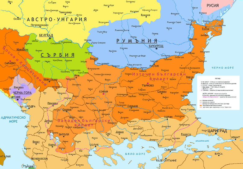 Картата представя границите на България според решенията на Цариградската конференция 1876/1877 г.