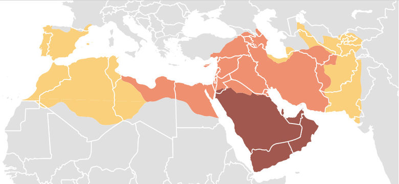 Карта на Умаядския халифат от 7 и 8 век, в който попада и днешна Испания.