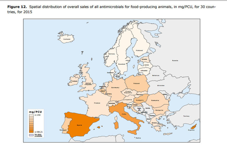 Карта на приложението на ветеринарни антибиотици за Европа за 2015 г.