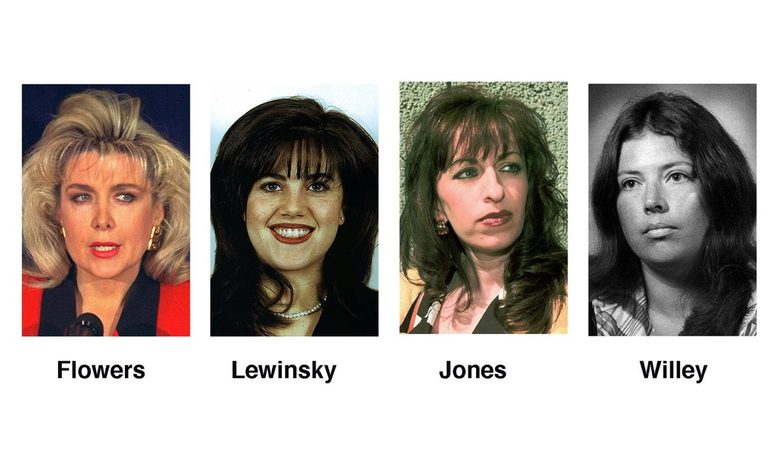 За разлика от Люински други жени многократно са обвинявали Клинтън в сексуално насилие - отляво надясно Дженифър Флауърс, Люински, Пола Джоунс и Катлийн Уили