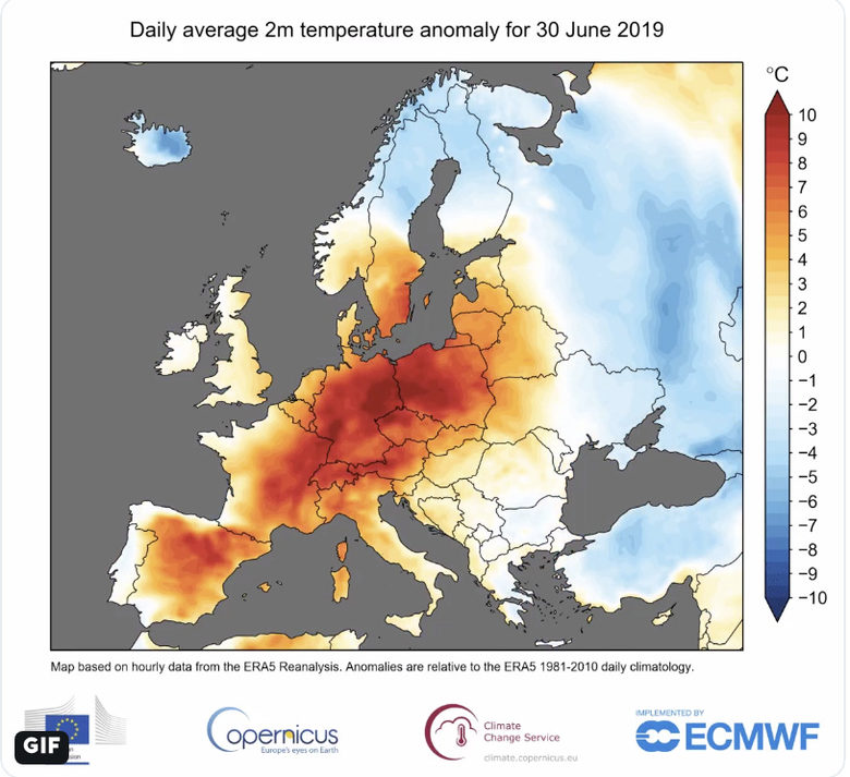 Температурни аномалии над 2 градуса от обичайното в Европа в края на юни. Във Франция в Ним отчетоха 44.4 градуса, в Монпелие - 42.4, в Перпинян - 40.5, в Страсбург - 38.8.