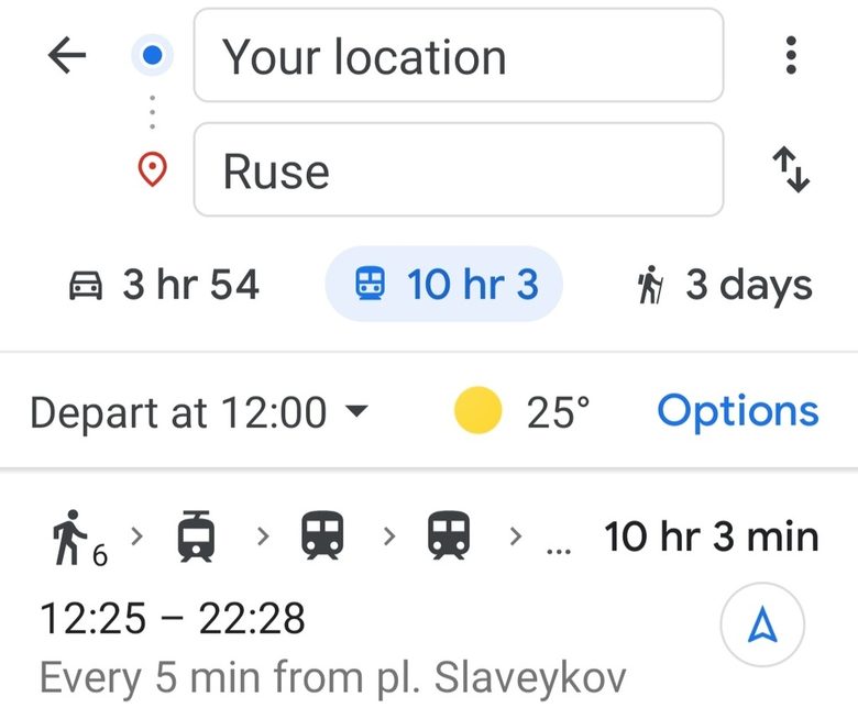 Информация за общото време до Русе, включваща ходенето пеш, градския транспорт и двата влака
