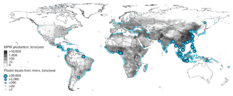Реките, които изливат пластмаси в океаните. Картата показва и (в нюанси на сивото) лошото управление на производство на пластмаси (в тонове годишно)