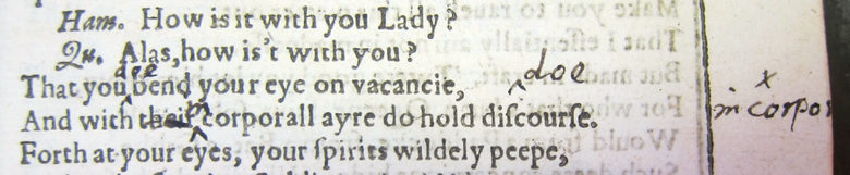 Изображение от бележките върху "Първото фолио" на Шекспир.