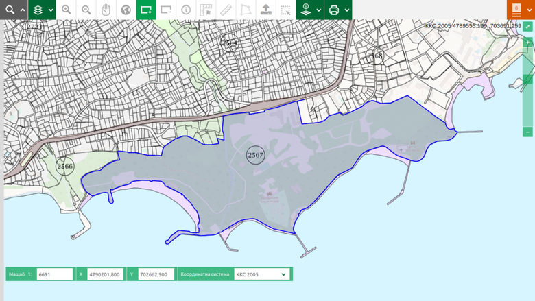 Скрийншот от сайта на Агенцията по геодезия, картография и кадастър, на който е отбелязана територията на Стопанство "Евксиноград" без трите плажа, граничещи с нея.