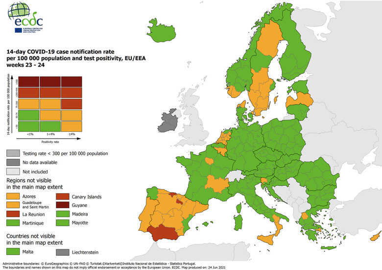 Състоянието с новите случаи на коронавируса в ЕС към 24 юни.