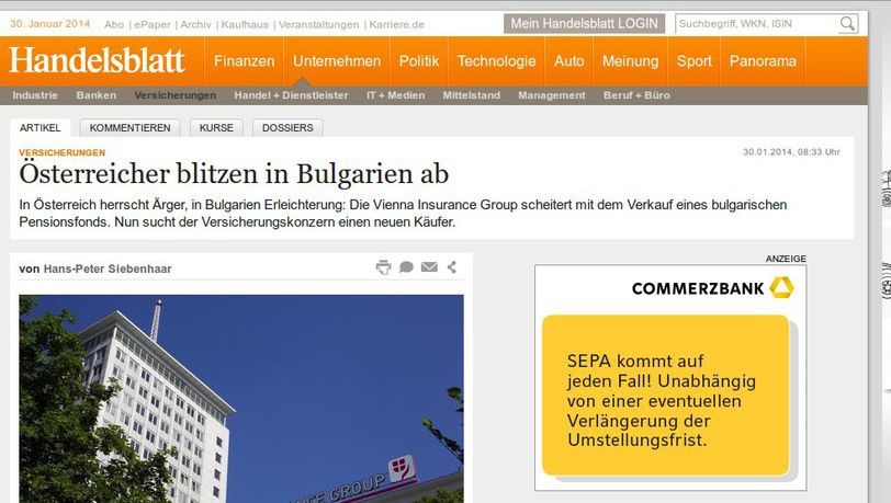"Ханделсблат": Гняв в Австрия и облекчениe в България след провалeната сделка за "Доверие"