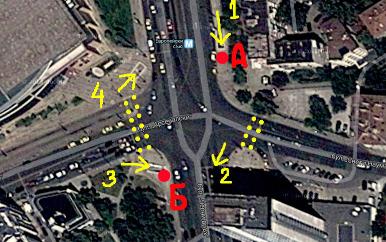 Наскоро бяха премахнати двете временни пешеходни пътеки през бул. Черни Връх до х-л Хемус (да нямаше как да бъдат постоянни, защото пречеха на движението по булеварда). Остана обаче недомислицата при проектирането и изграждането на пешеходното преодоляване на това кръстовище...<br />
<br />
- стрелки 1, 2, 3 и 4 на снимката маркират четирите точки на вход/изход към подлеза. Нито една от тях няма рампа по стълбите.<br />
- А и Б показват двата налични асансьора<br />
- пунктираните линии показват единствените две пешеходни пътеки, през ул. Наум и бул. Арсеналски<br />
<br />
Паркът и мола разбираемо са много посещавани места от живущите в квартала (и не само)<br />
<br />
Какви са опциите за придвижване в момента?<br />
За отиващите към парка/мола с колело, детска или инвалидна количка откъм подлез 1:<br />
- асансьор А, асансьор Б, пресичане на булевард с пет ленти и трамвайни релси (къс светофар и ежедневни опасни ситуации)<br />
<br />
За отиващите към парка с колело, детска или инвалидна количка откъм подлез 2:<br />
- вход през 2 - невъзможен, няма рампа; остава пресичане на ул. Наум и следване на горния маршрут<br />
&nbsp;<br />
''Ърбан планинг'' му викат в някои страни. У нас много често нещата са все едно по-скоро резултат на ''бърбън планинг''...<br />
Надявам се че от общината ще пуснат поне по един стоманен профил за рампа по стълбите, че поне велоспиедистите да са по-малко фрустрирани. За майките с количките и хората с увреждания, ами да си се разхождат нагоре-надолу и да чакат светофарите. На метро станция &quot;Европейски съюз&quot;.<br />
<br />
На снимката:<br />
Птичи поглед на кръстовището (снимка Google Earth)