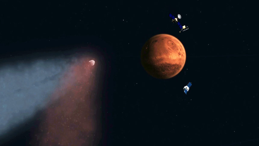 Компютърен образ, разпространен от NASA показва как е изглеждало преминаването на кометата край Марс.