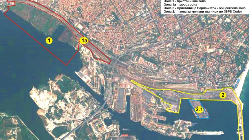 Схема на разположението на сегашното варненско пристанище (в жълто) и бъдещият интермодален терминал (в червено).