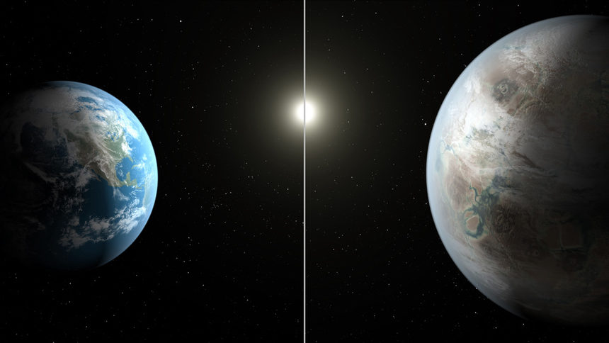 На снимката са показани в сравнение Земята - вляво, и планетата Кеплер 452b, която твърде я наподобява, открита от НАСА през лятото на 2015 г.