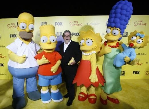 Мат Грьонинг в компанията на създадените от него герои - Хоумър, Барт, Лиса, Мардж и Маги Симпсън