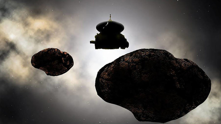 Илюстрация на НАСА от момента, в който сондата "Нови хоризонти" достига космическия обект 2014 MU69.