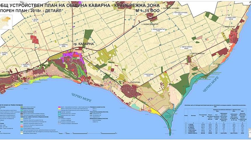 Терените, които според кмета на Каварна Нина Ставрева трябва да бъдат застроени, са обозначените в жълто в южната част на картата