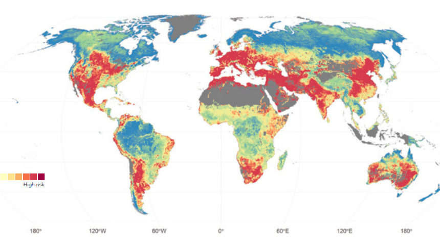 Риск за качеството на водата (оцветените в червено зони са най-застрашени)
