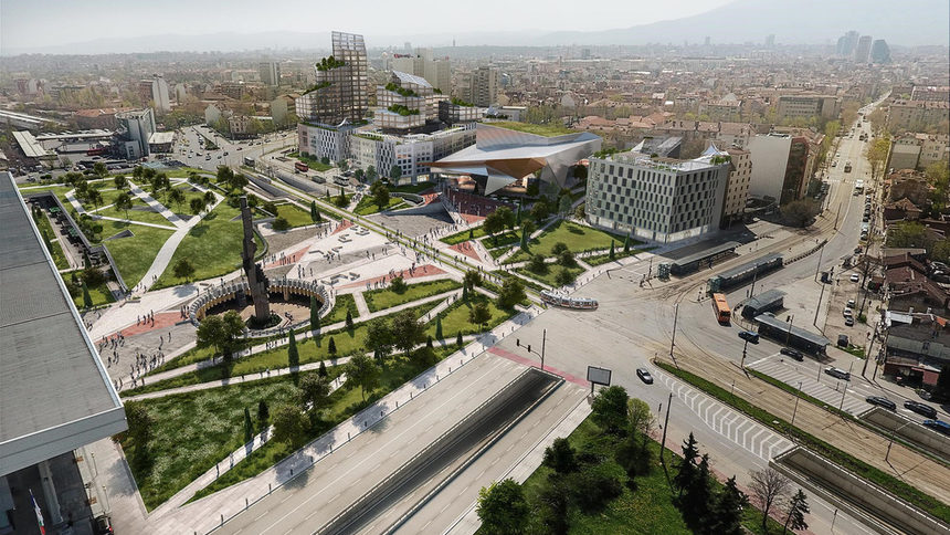Предгаровият площад ще е с голям зелен плац, а автомобилите, идващи от надлез "Надежда" към центъра ще завиват по бул. "Хр.Ботев", визуализация.