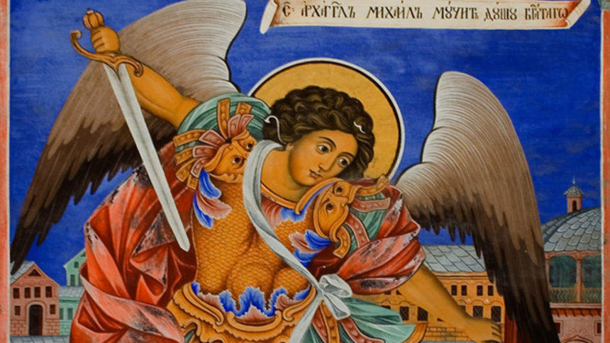 Св. Архангел Михаил мъчи душата на богатия - стенопис от притвора на църквата "Рождество Богородично" в Рилския манастир