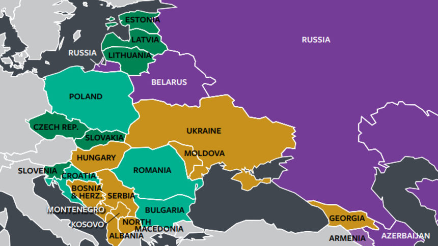 Само 6 от анализираните 29 държави са определени тази година като стабилни демокрации. България е сред четирите "полуконсолидирани демокрации". Най-много (10) са хибридните режими. Само Армения е "полуконсолидиран авторитарен режим" и останалите 8 държави са твърдо авторитарни.