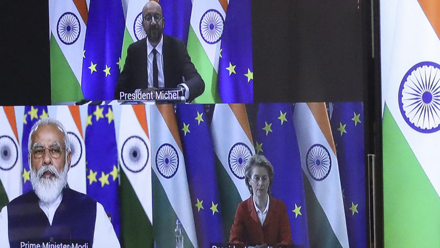 Най-отгоре на тази снимка от срещата на върха е председателят на Европейския съвет Шарл Мишел, вдясно под него - председателят на Европейската комисия Урсула фон дер Лайен, вляво - индийският премиер Нарендра Моди.