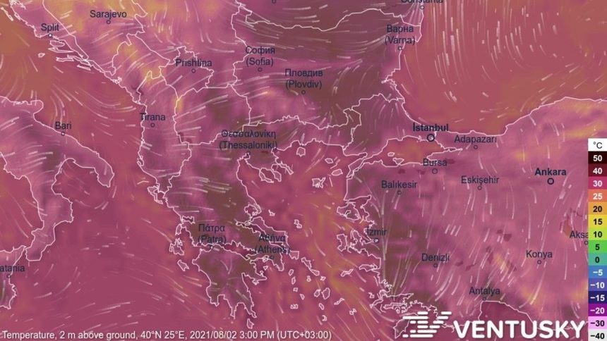 Температурите в част от Югоизточна Европа малко преди 15 часа днес - на места в Гърция и България в приземните 2 метра отчитат 42-43 градуса