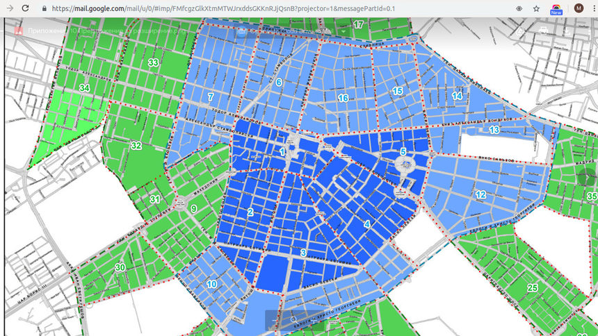 В светлосиньо са новите граници на синята зона, а в тъмносиньо - сегашната. Промяната не обхвана само зелената подзона 9 между площадите "Македония", "Руски паметник" и "Възраждане".